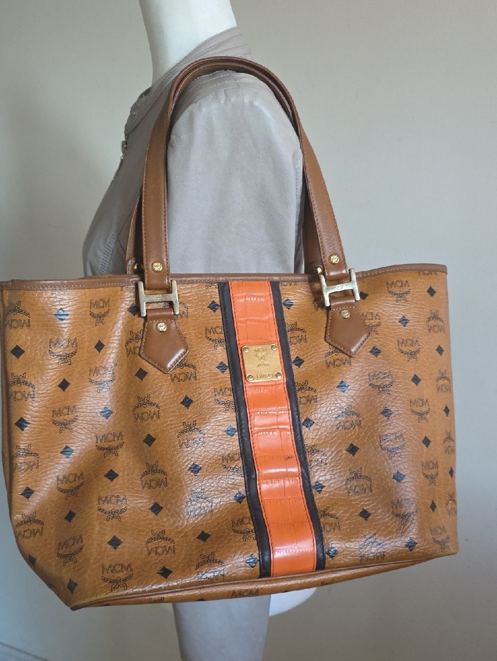 MCM Cognac Visetos Tote with Orange Center Stripe